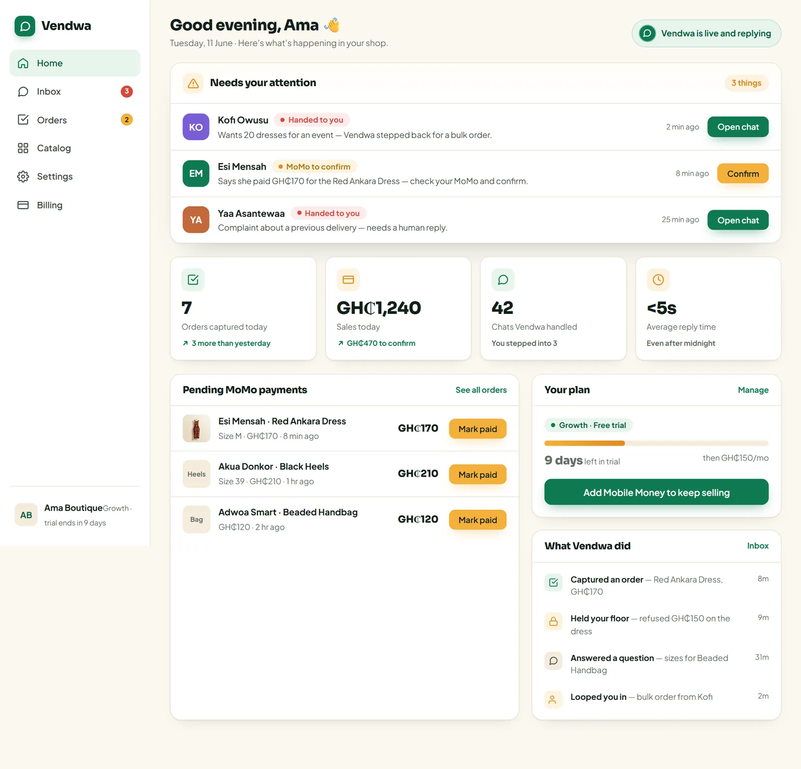 The Vendwa vendor dashboard in a desktop browser: today's sales, orders captured, and chats that need the owner's attention
