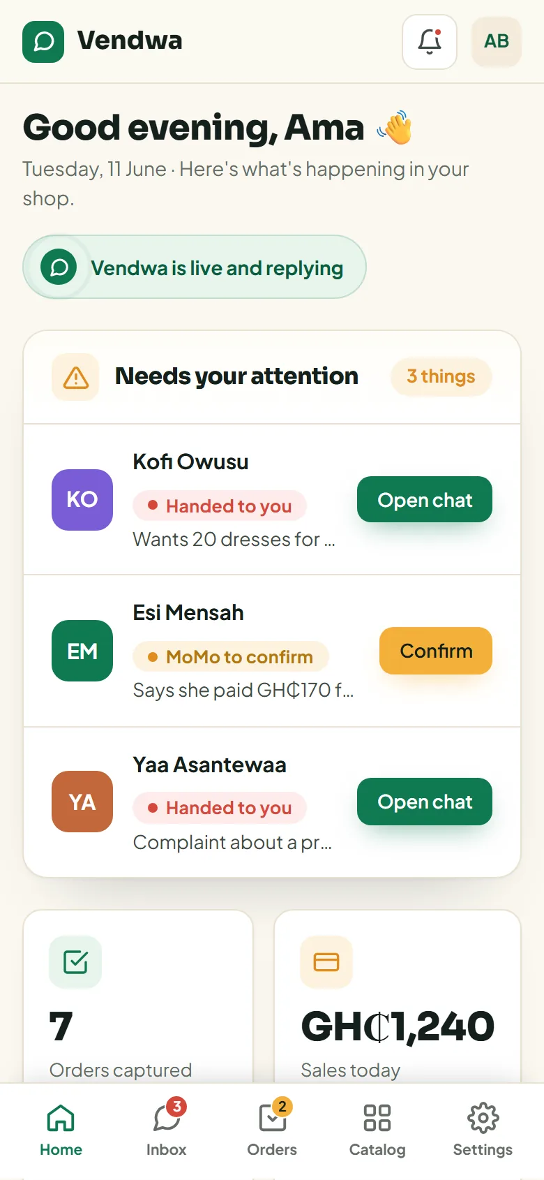 Vendwa dashboard: Good evening Ama, sales today GH₵1,240, and three chats that need attention