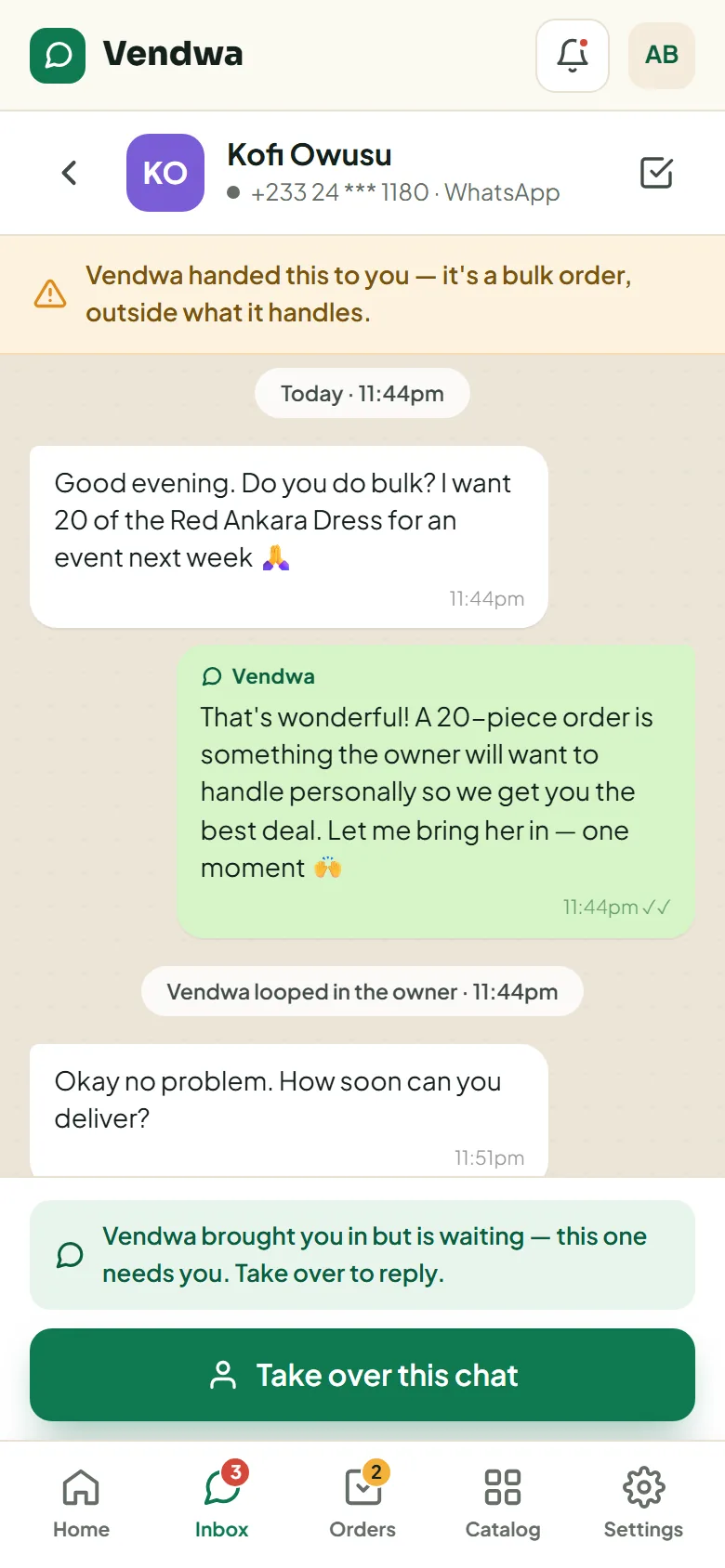 A bulk-order chat Vendwa handed over, with a green 'Take over this chat' button