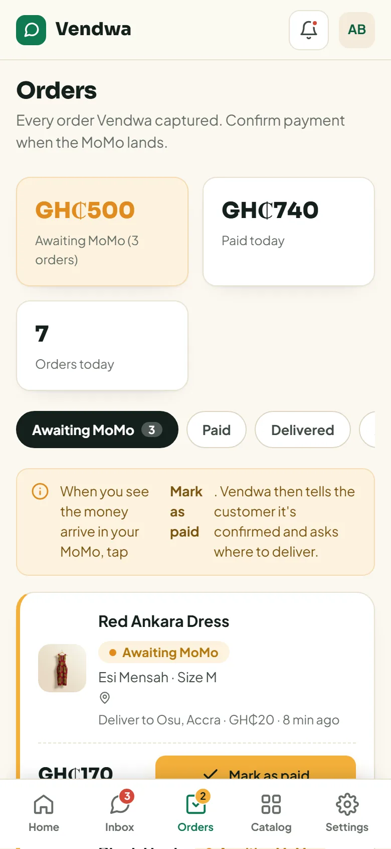 Orders screen: GH₵500 awaiting MoMo with a 'Mark as paid' button on each order