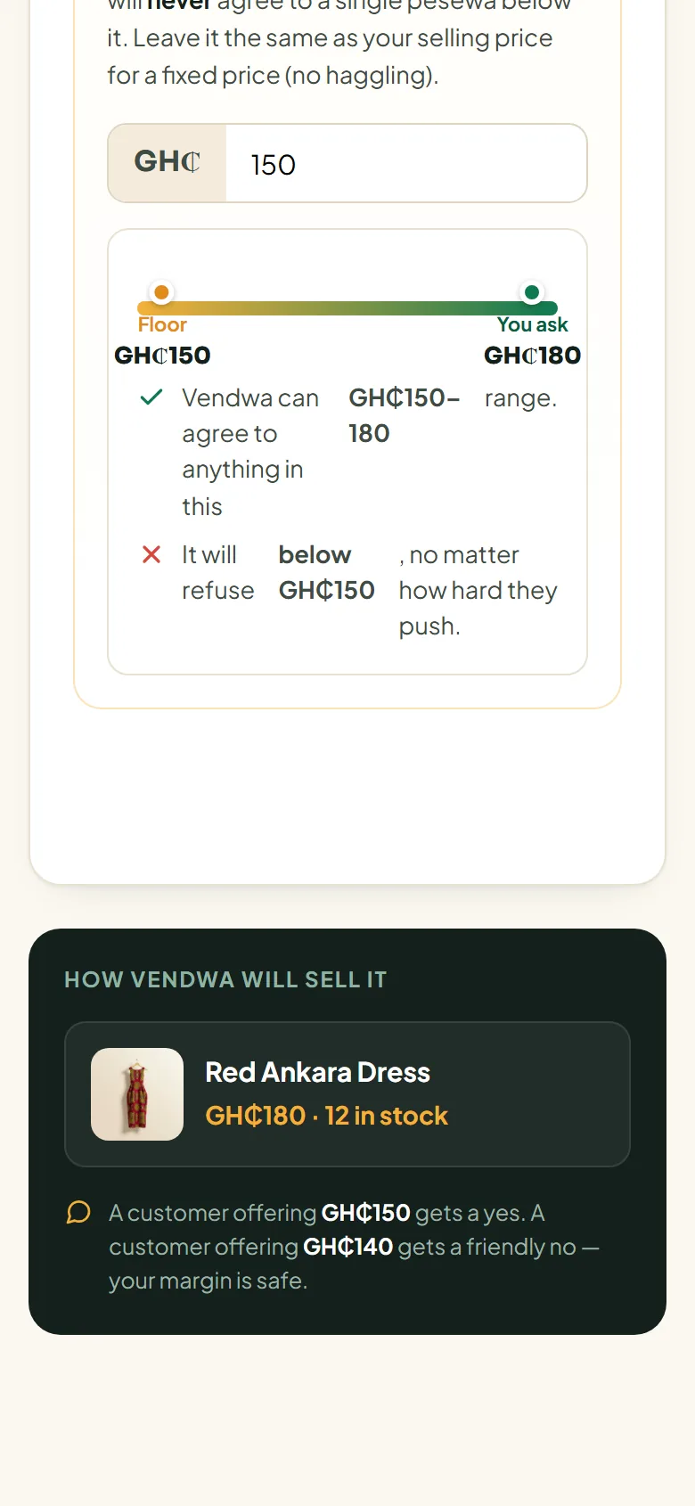 Setting a secret floor price with a Floor-to-You-ask slider: Vendwa never sells below it