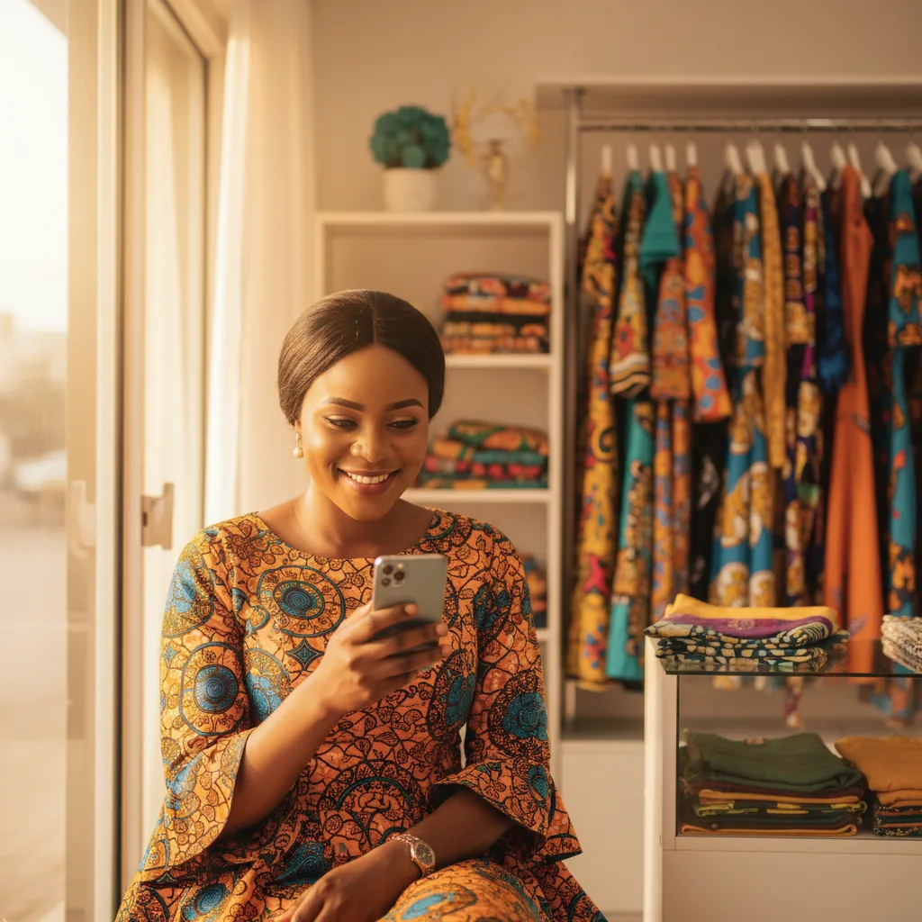 A Ghanaian fashion vendor replying to a customer on her phone in her boutique