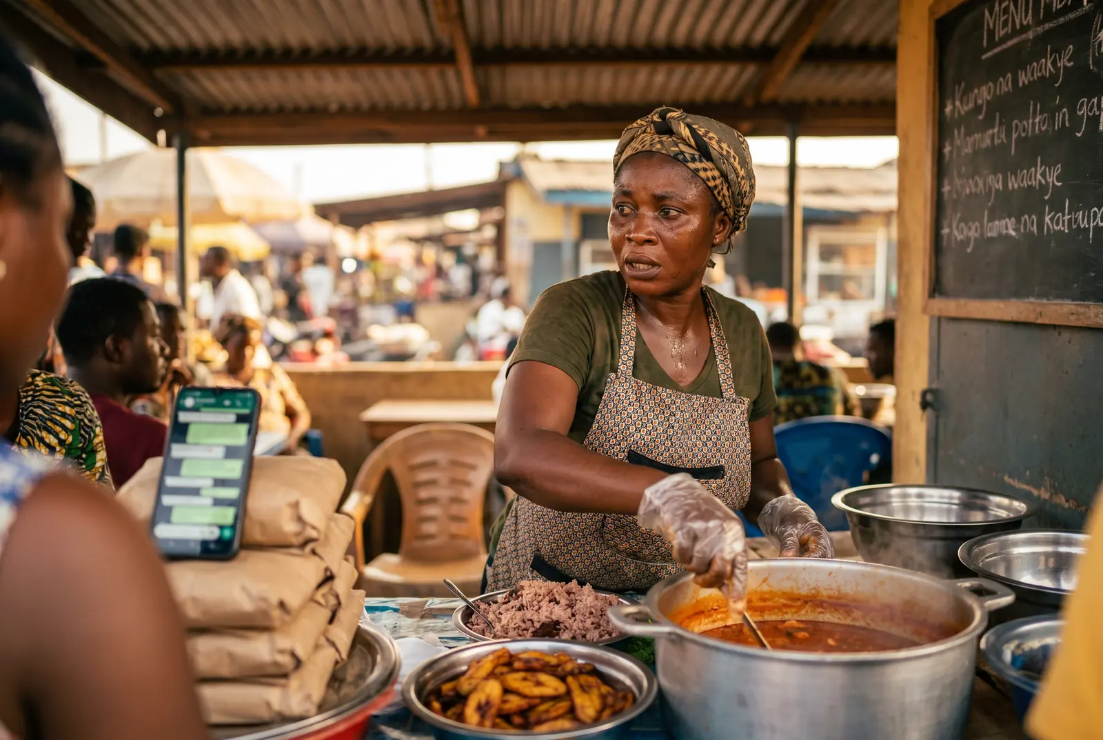 A Ghanaian food vendor taking custom breakfast orders on her phone while she works